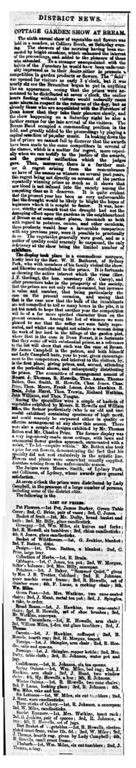 Show report - Forest of Dean Examiner 14 August 1874